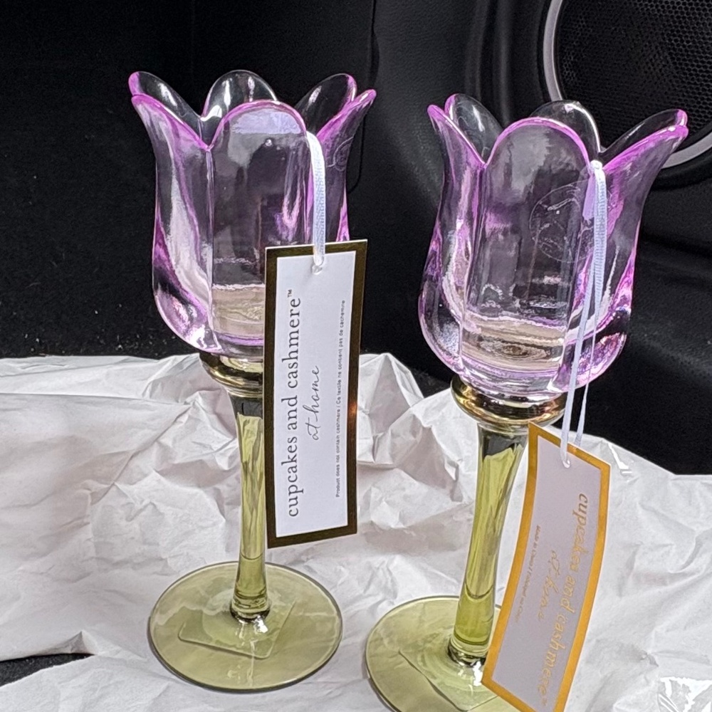 New-Set of 2 cupcakes & cashmere 7.5”  purple green Tulip Votive Candle Holder